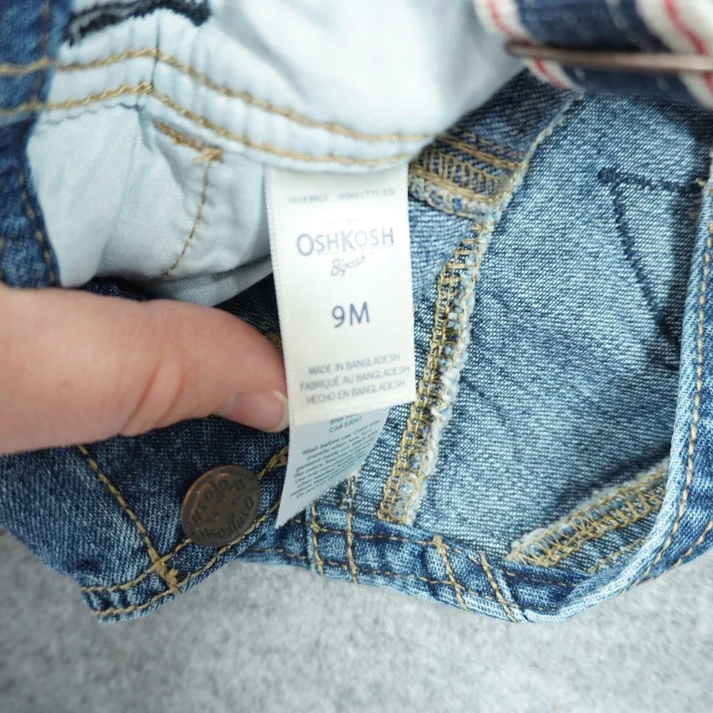 OshKosh Bgosh Baby Boys Blue Denim Shortalls Overalls 9M Striped Straps